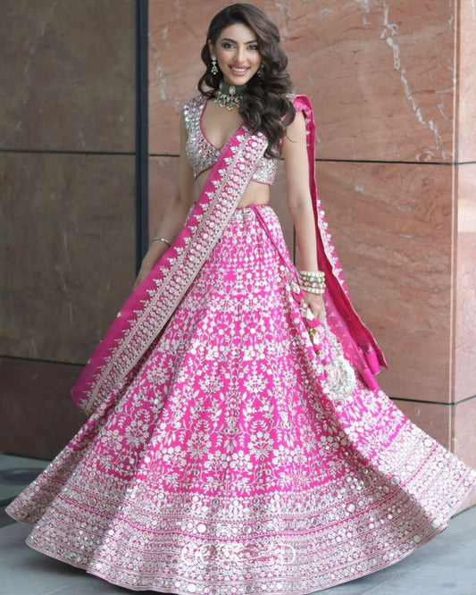 Elegant Pink Faux Georgette Embroidered Lehenga Choli