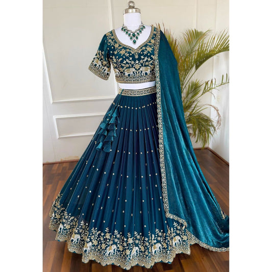 Teal Colour Vichitra Silk Wedding Wear Lehenga Choli For Women