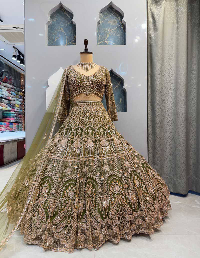 Mehndi Green Net Embroidered Lehenga Choli