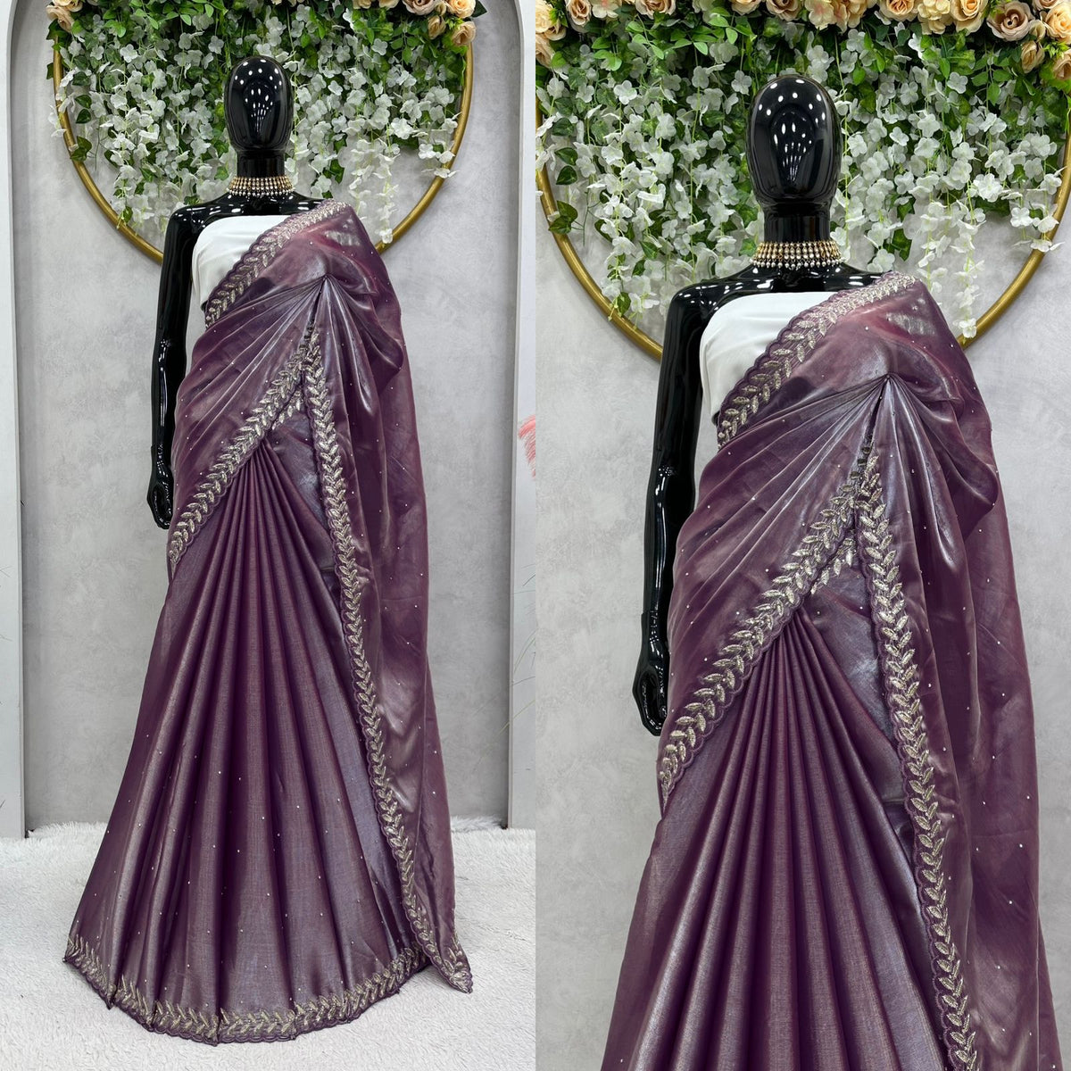 Jimmy Choo Silk Saree with Heavy Cutwork Embroidery Border and Siroshki Diamond Butti Work with Unstitched Blouse Piece