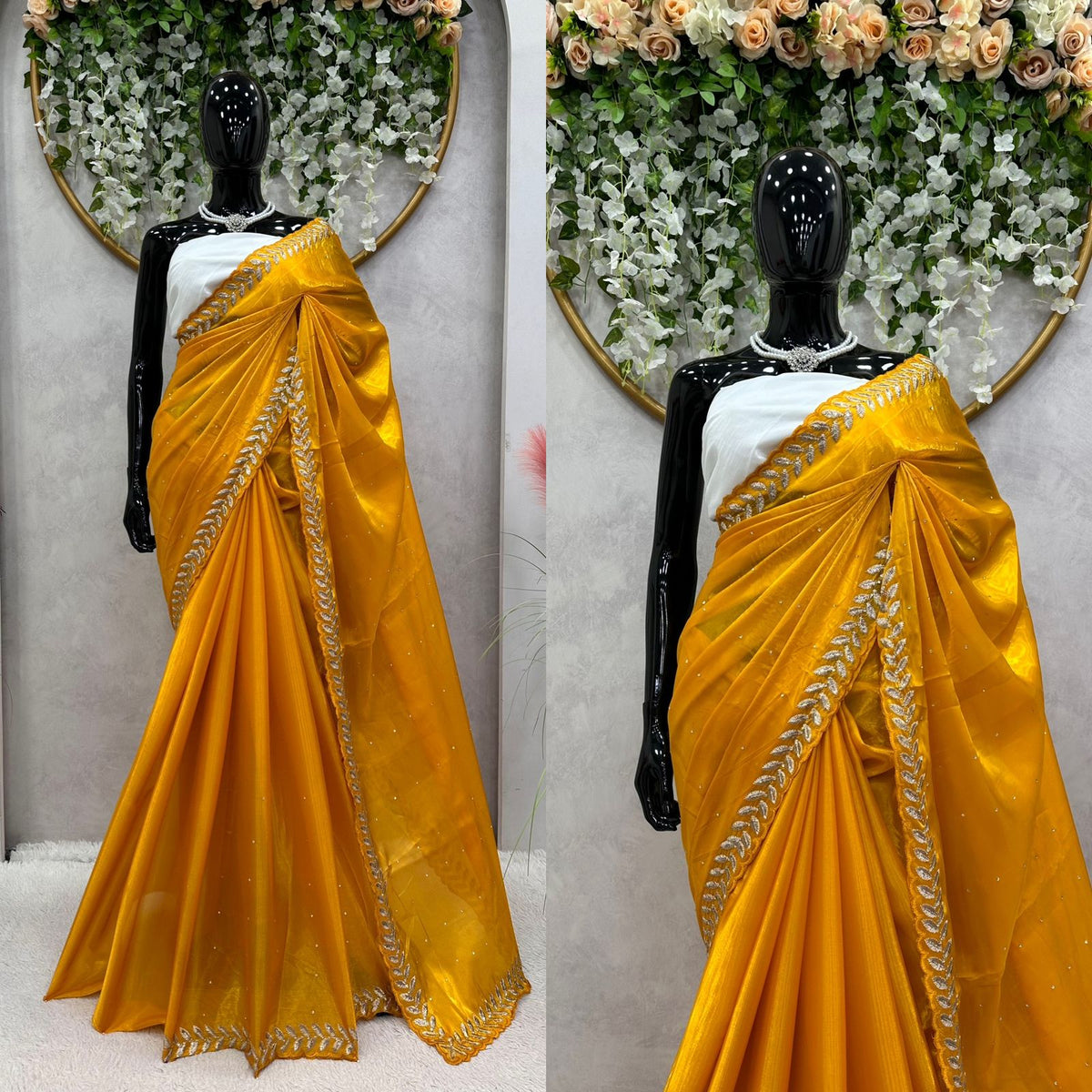 Jimmy Choo Silk Saree with Heavy Cutwork Embroidery Border and Siroshki Diamond Butti Work with Unstitched Blouse Piece