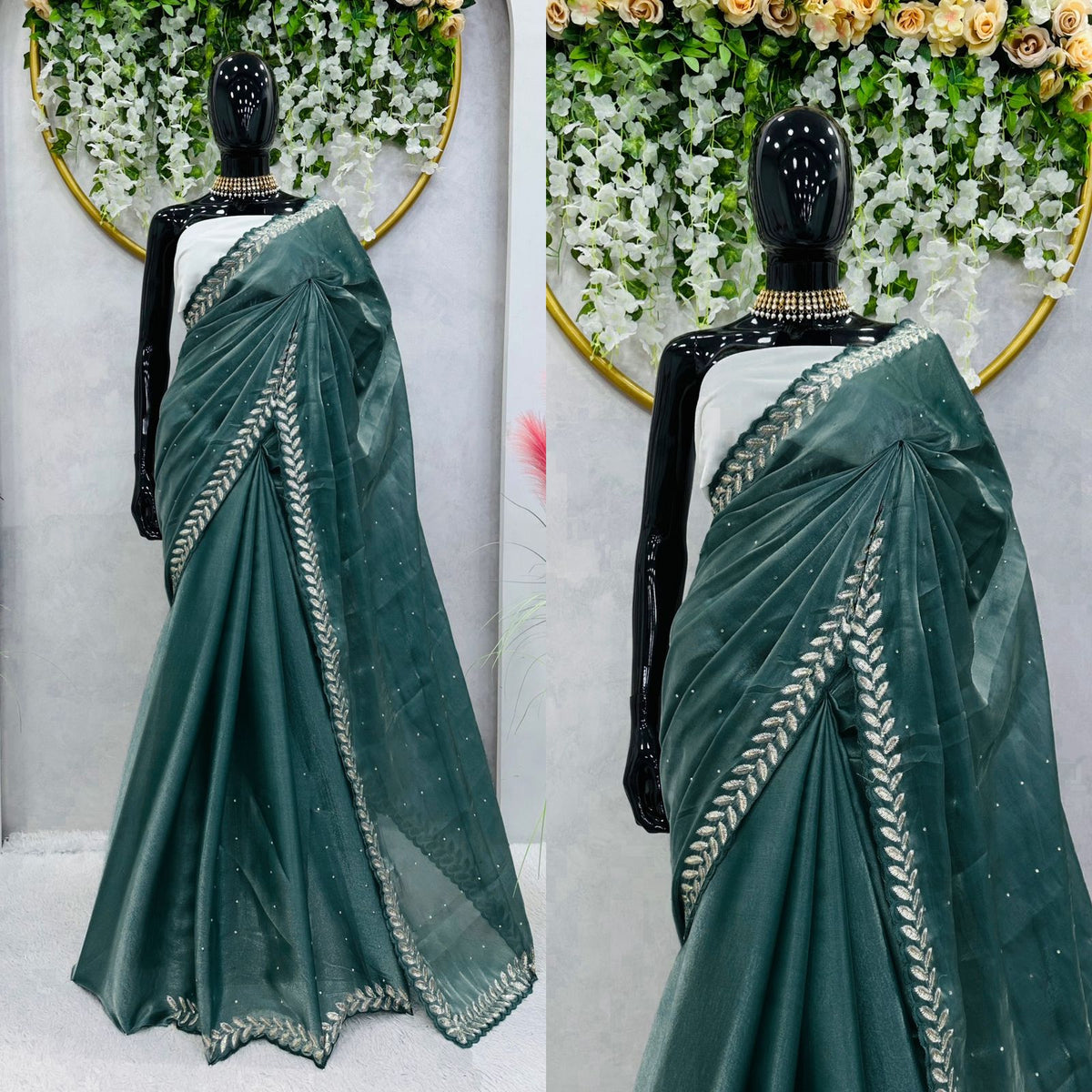 Jimmy Choo Silk Saree with Heavy Cutwork Embroidery Border and Siroshki Diamond Butti Work with Unstitched Blouse Piece