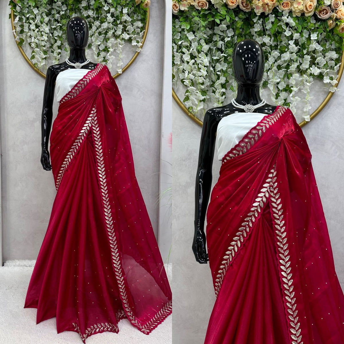 Jimmy Choo Silk Saree with Heavy Cutwork Embroidery Border and Siroshki Diamond Butti Work with Unstitched Blouse Piece
