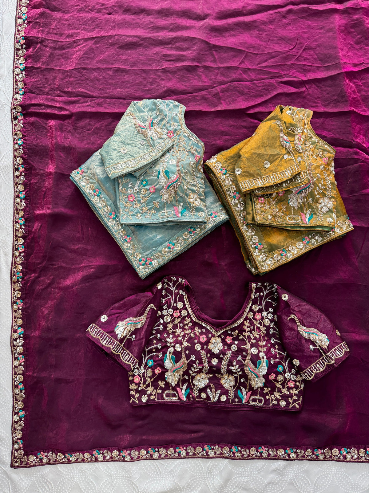 Indian Wedding Wear  Saree with  Stich Peacock Embroidered Blouse Piece