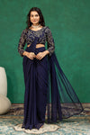 Navy Blue Solid Pre-Stitched Georgette Saree with Embroidered V-Neck Stitched Blouse