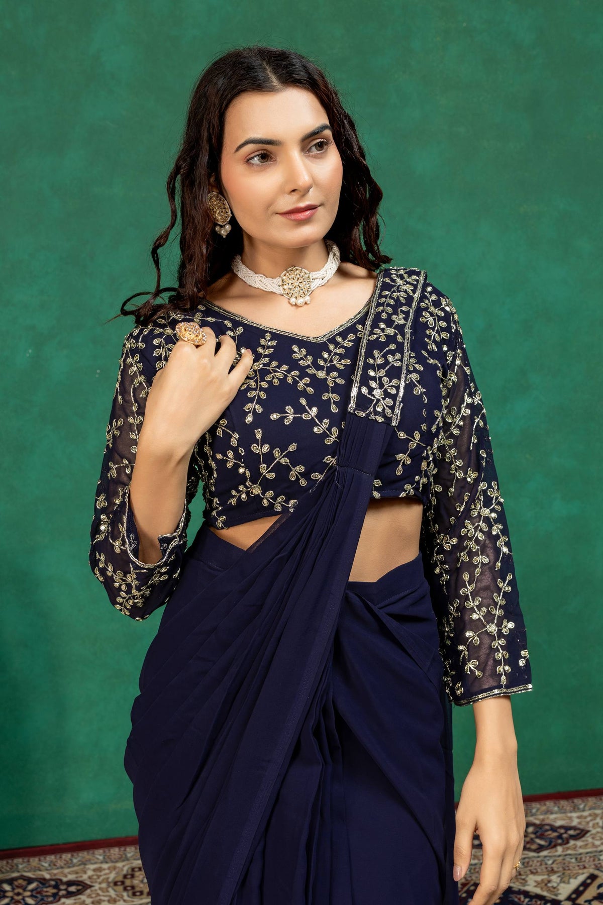 Navy Blue Solid Pre-Stitched Georgette Saree with Embroidered V-Neck Stitched Blouse