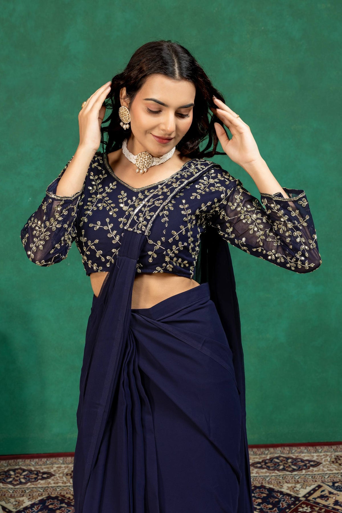 Navy Blue Solid Pre-Stitched Georgette Saree with Embroidered V-Neck Stitched Blouse