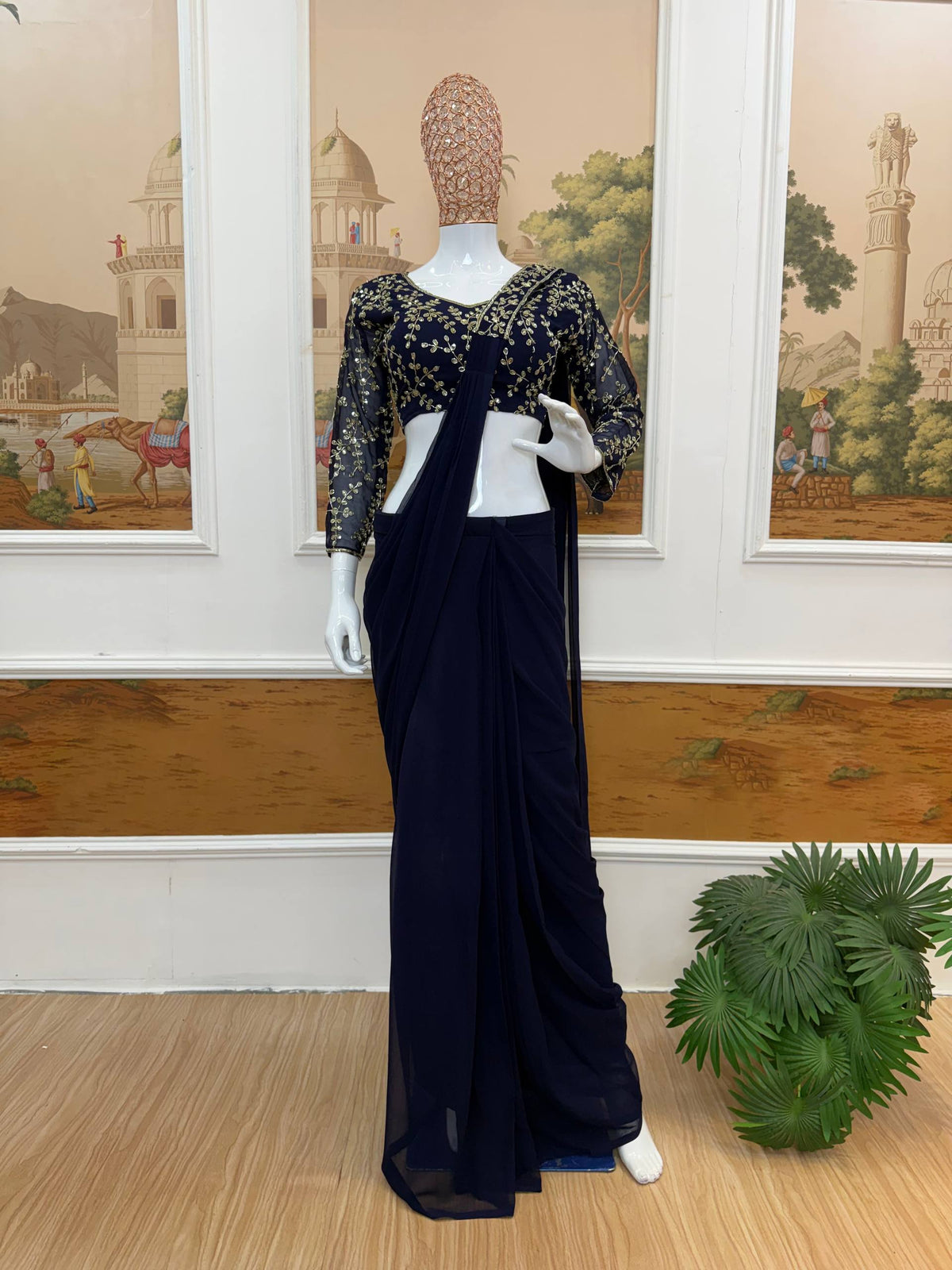 Navy Blue Solid Pre-Stitched Georgette Saree with Embroidered V-Neck Stitched Blouse