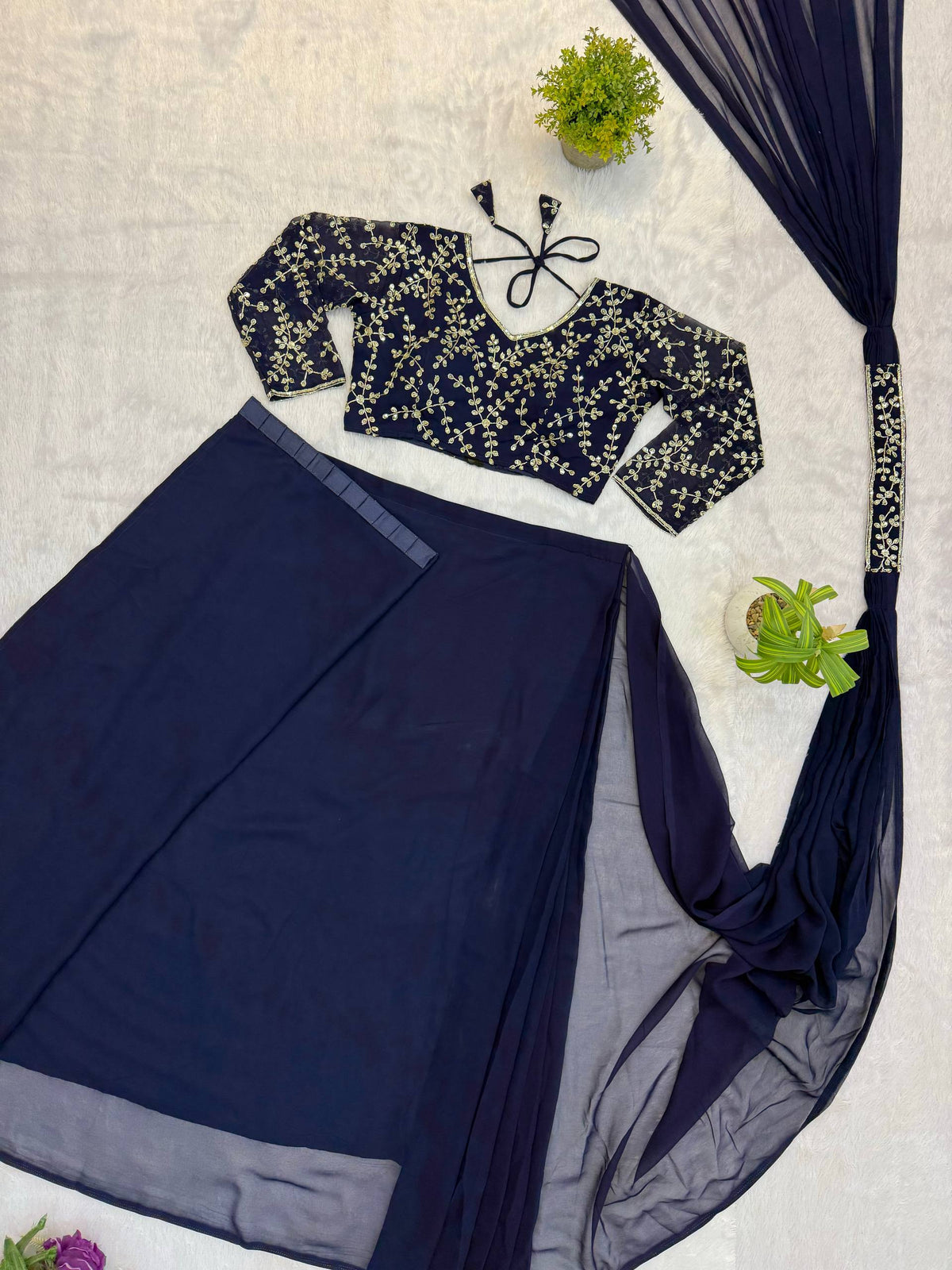 Navy Blue Solid Pre-Stitched Georgette Saree with Embroidered V-Neck Stitched Blouse