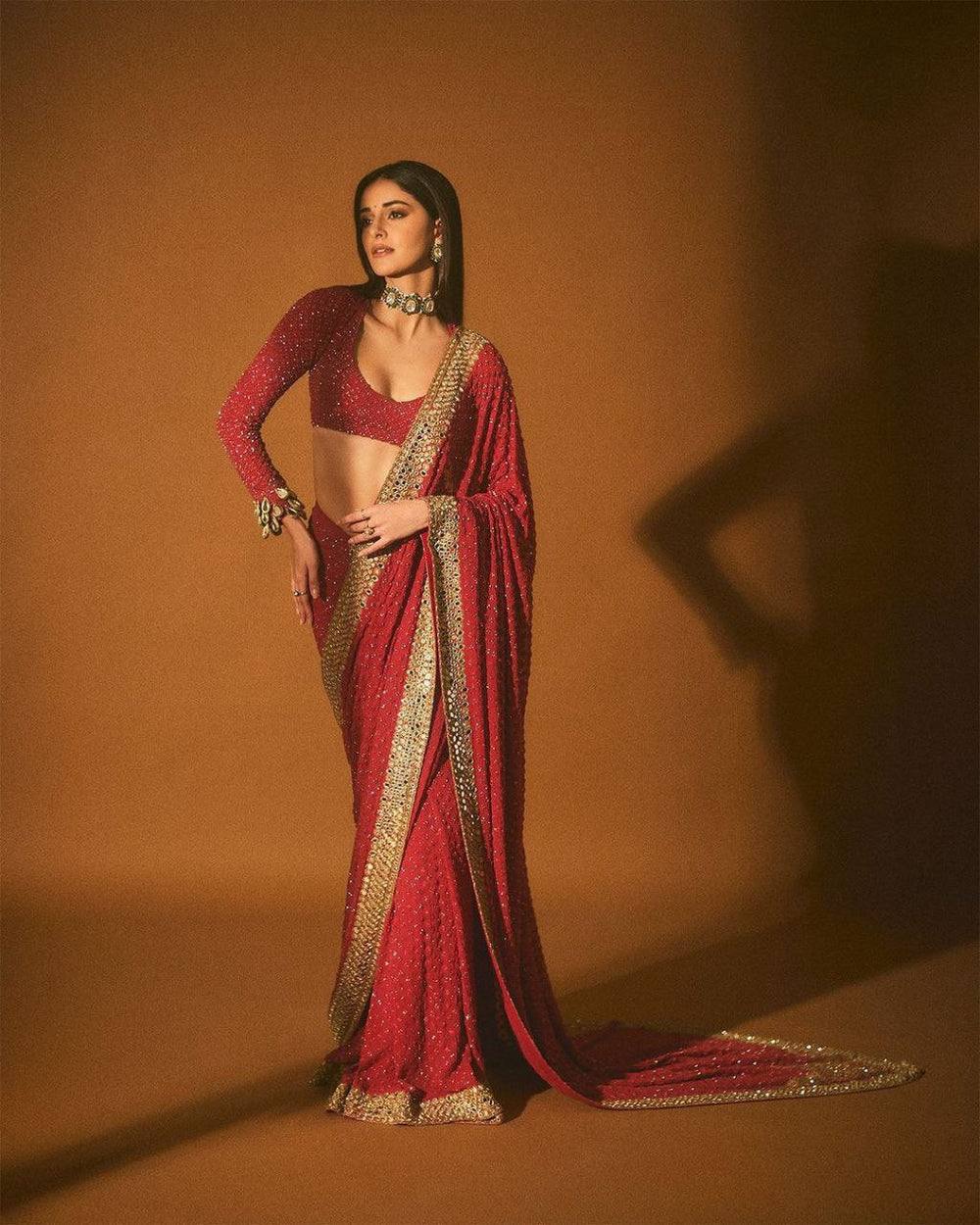 Red Georgette Saree with Heavy Real Mirror Work & Zari Embroidery Border with Unstitched Blouse Piece
