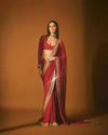 Red Georgette Saree with Heavy Real Mirror Work & Zari Embroidery Border with Unstitched Blouse Piece