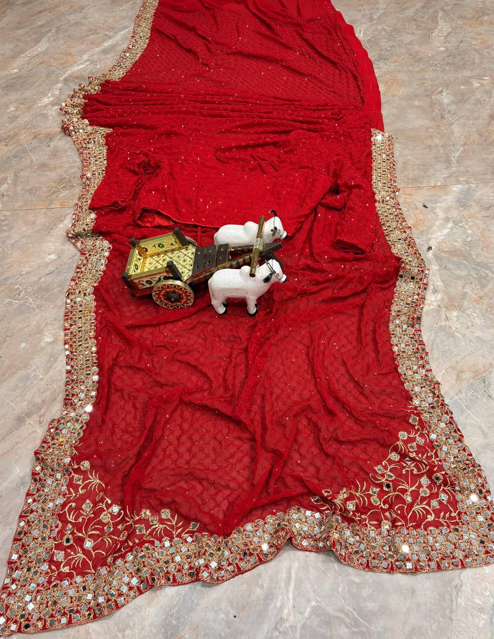 Red Georgette Saree with Heavy Real Mirror Work & Zari Embroidery Border with Unstitched Blouse Piece