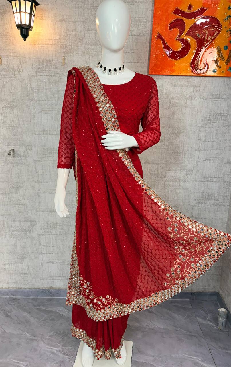 Red Georgette Saree with Heavy Real Mirror Work & Zari Embroidery Border with Unstitched Blouse Piece