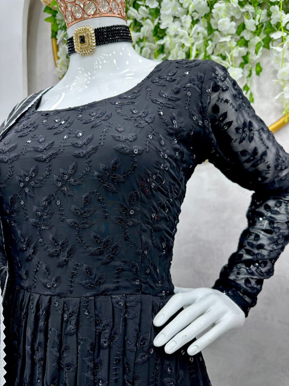 Georgette Chikan Work Full Stiched Suit With Orgenza Duppta
