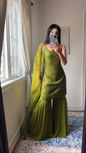 Load image into Gallery viewer, Amazing Mehendi Colour 9MM Sequence Embroidary Work Sharara Plazo Suit
