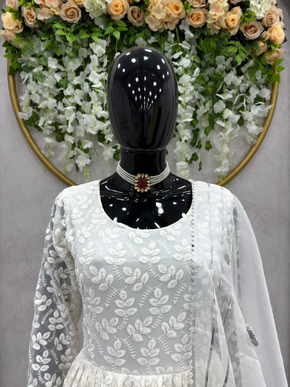 Georgette Chikan Work Full Stiched Suit With Orgenza Duppta
