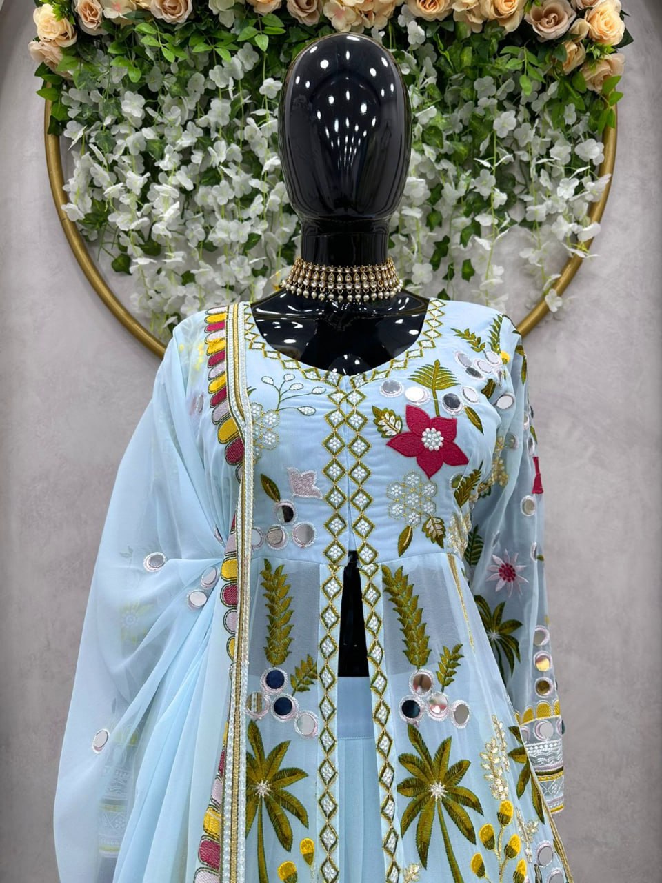 Party Wear Embroidary Work Beautiful Gown With Real Mirror