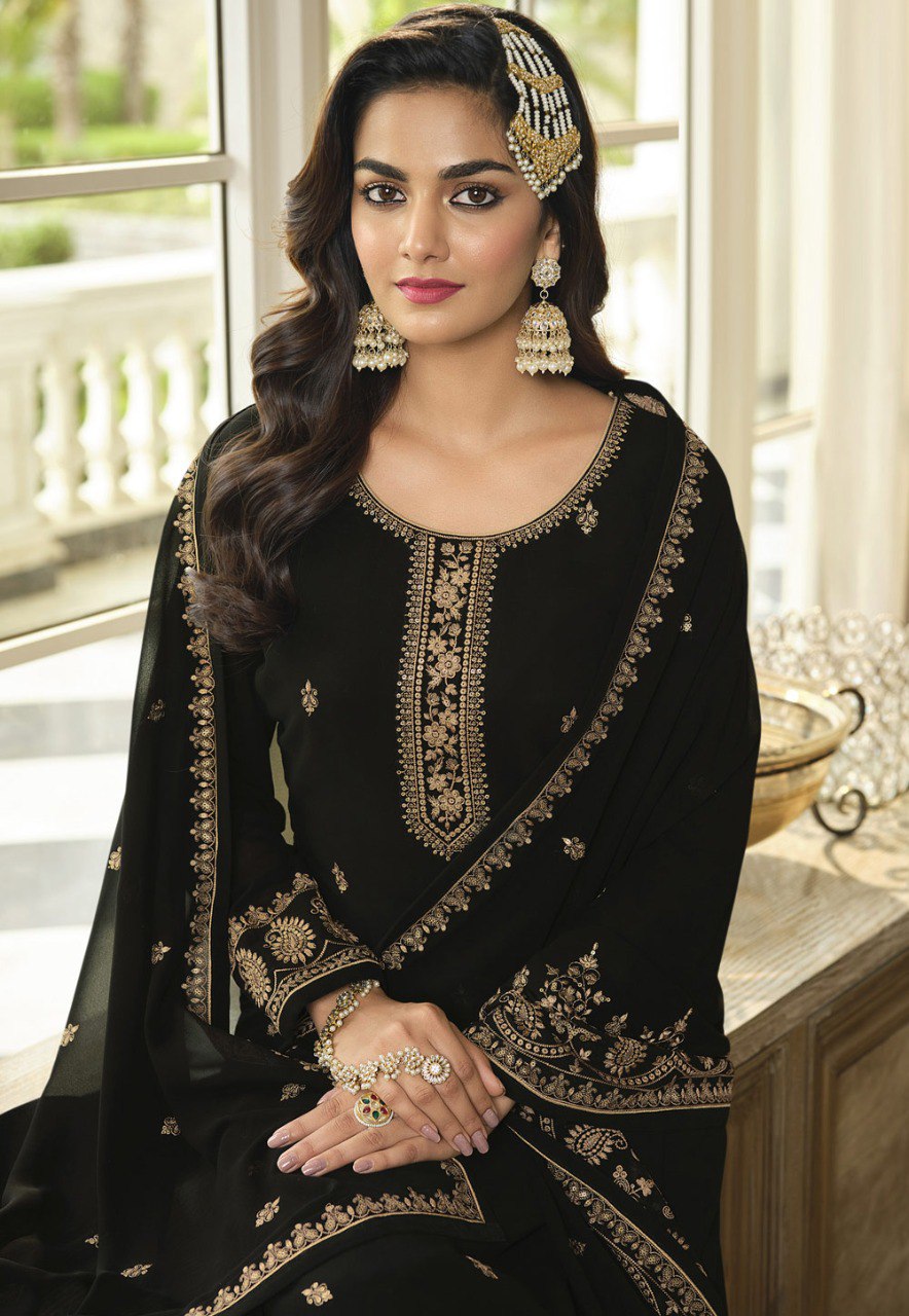 Georgette With Embroidery Work And Sequence Work Wedding Wear Sharara Suit