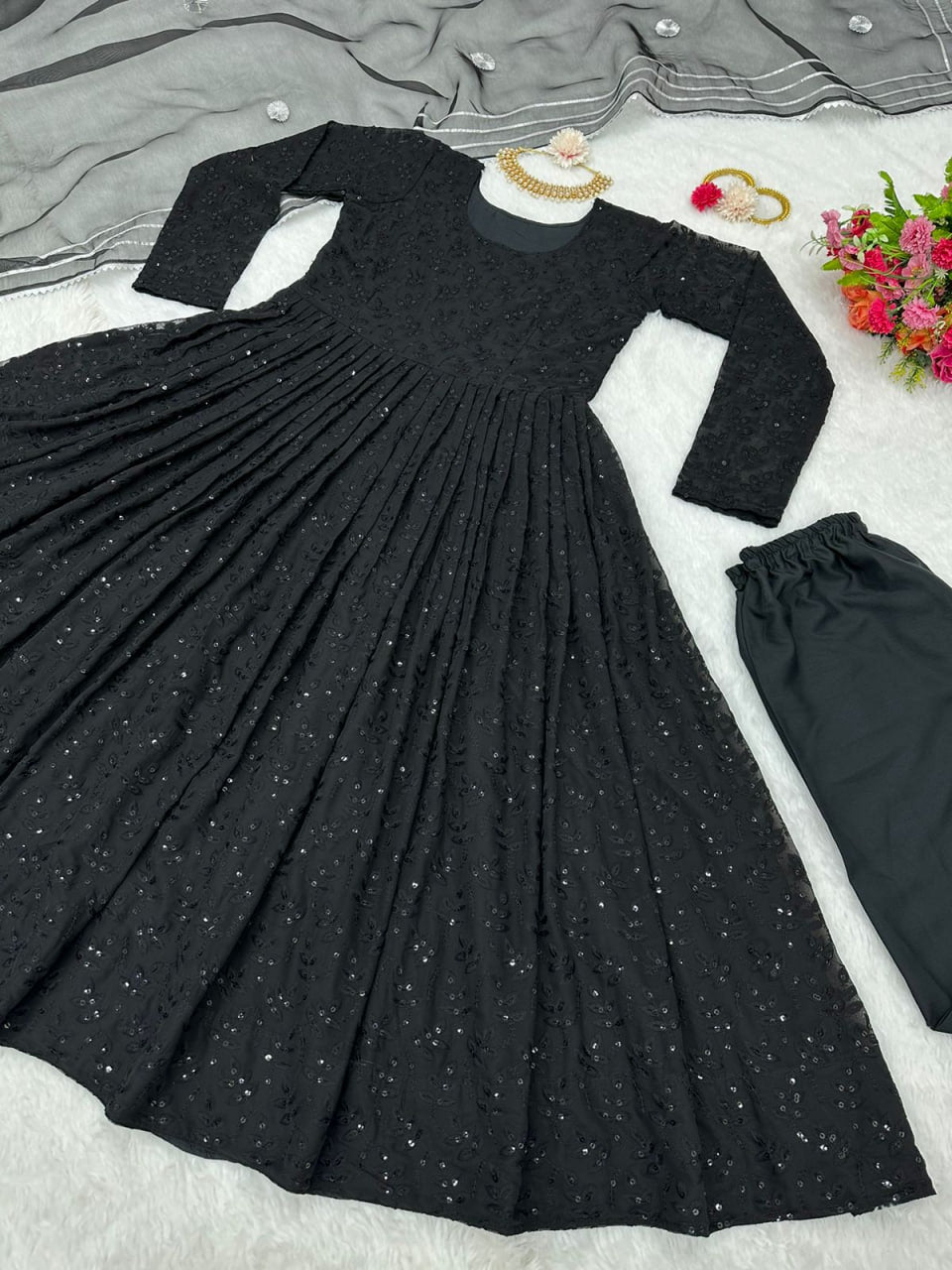 Georgette Chikan Work Full Stiched Suit With Orgenza Duppta