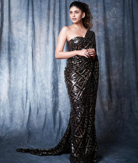 Georgette With Heavy 3MM Sequins Embrodery Work Party Wear Saree With Designer Blouse