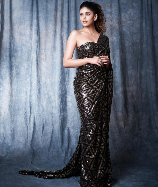 Georgette With Heavy 3MM Sequins Embrodery Work Party Wear Saree With Designer Blouse