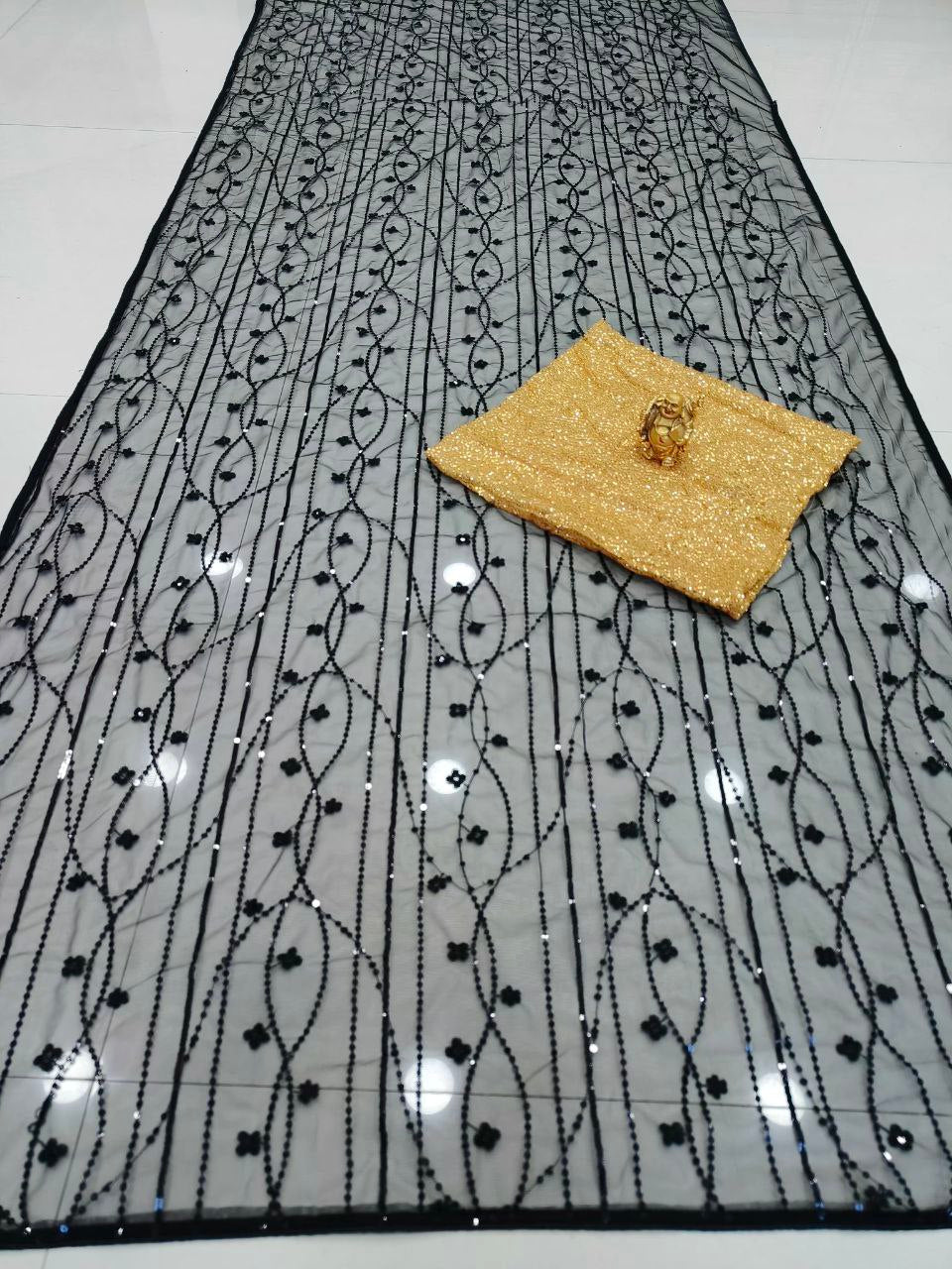 Beautiful Mono Net Embroidary And Sequence Work Saree With Sequence Worked Blouse