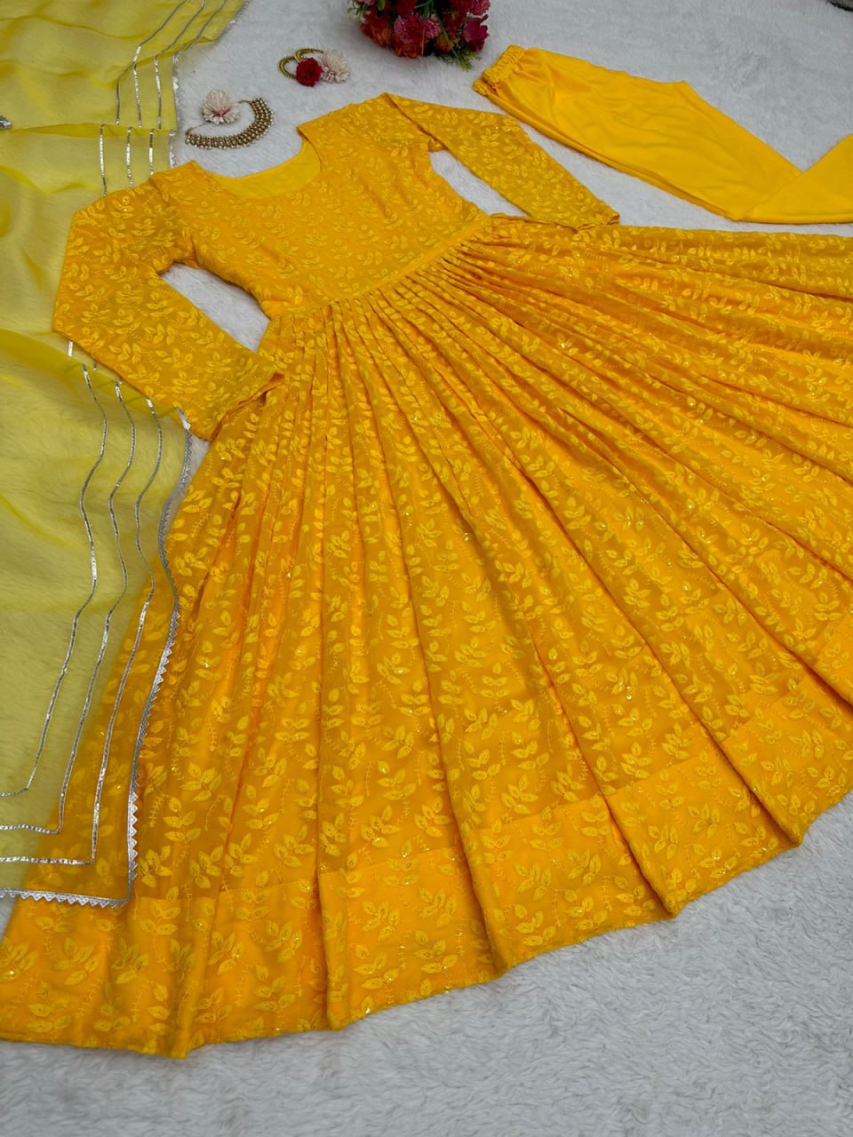 Georgette Chikan Work Full Stiched Suit With Orgenza Duppta