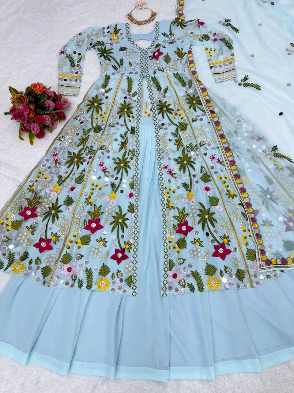 Party Wear Embroidary Work Beautiful Gown With Real Mirror