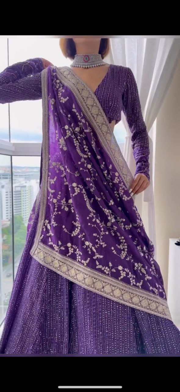 Purple Colour Heavy Embroidary Work Wedding Wear Lehenga