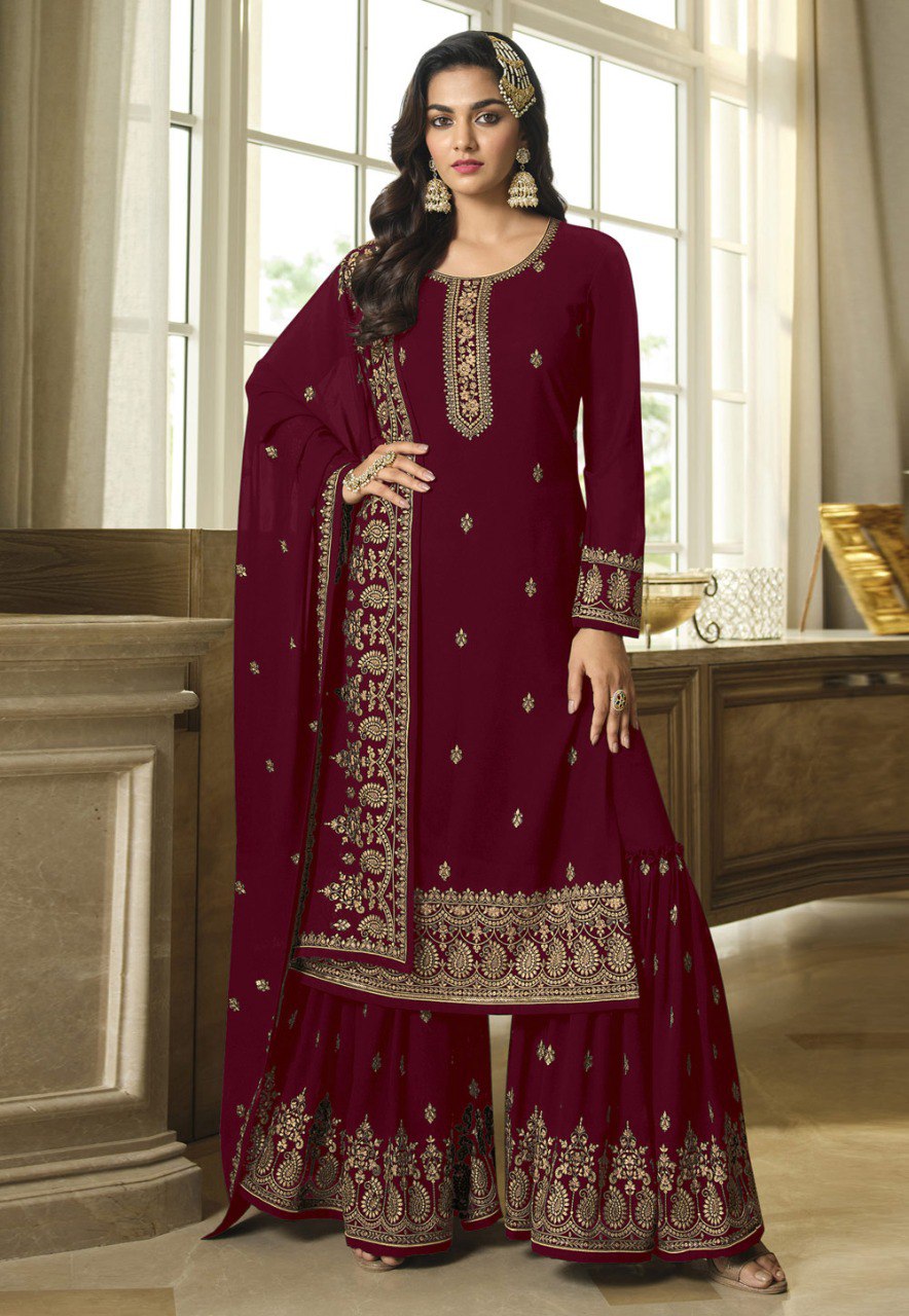 Georgette With Embroidery Work And Sequence Work Wedding Wear Sharara Suit