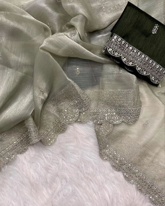 Beautiful Burburry Silk Embroidary Sequence Worked Designer Saree With Fency Blouse