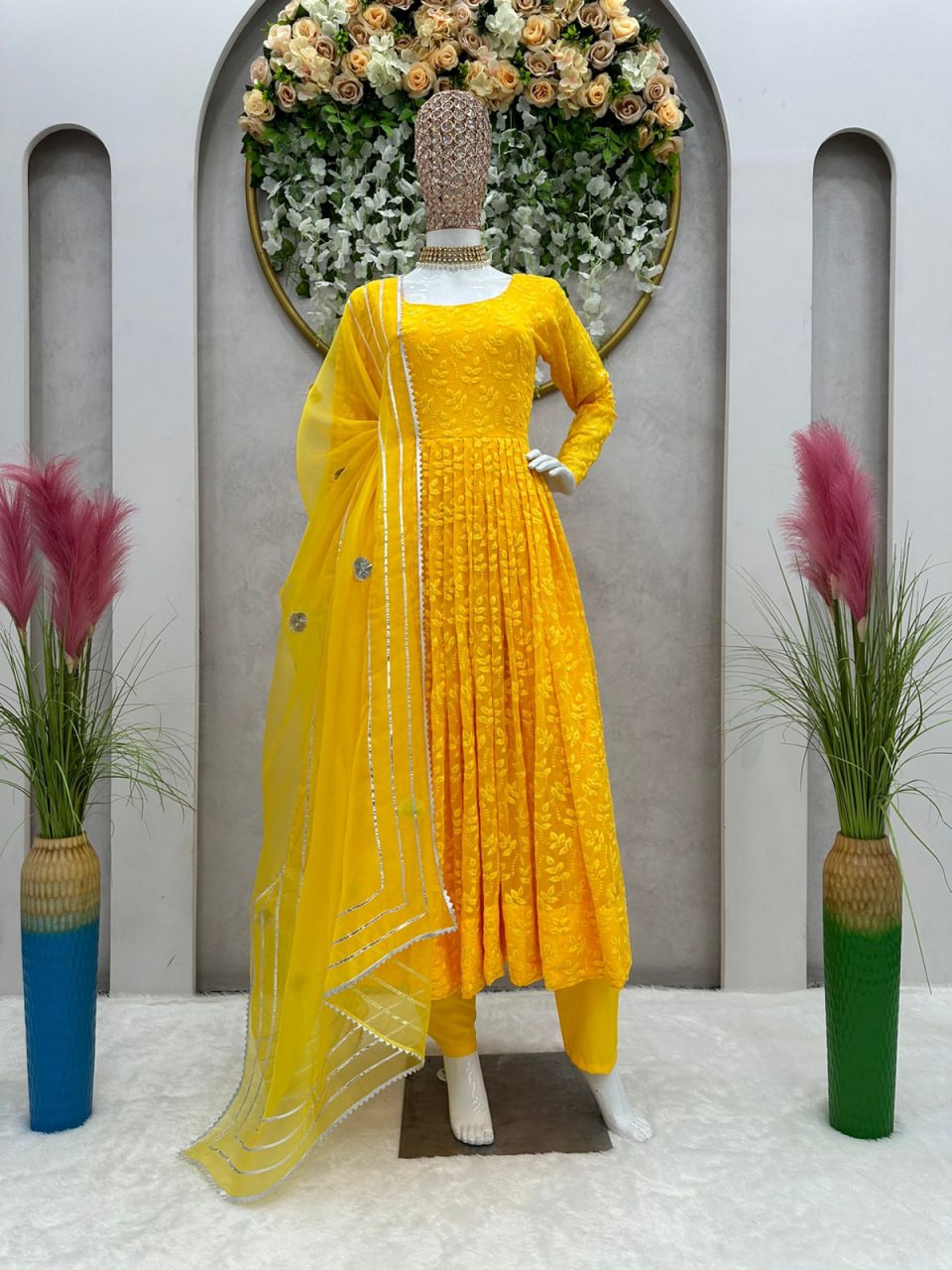 Georgette Chikan Work Full Stiched Suit With Orgenza Duppta