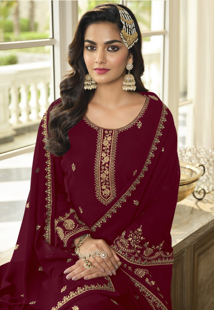 Georgette With Embroidery Work And Sequence Work Wedding Wear Sharara Suit
