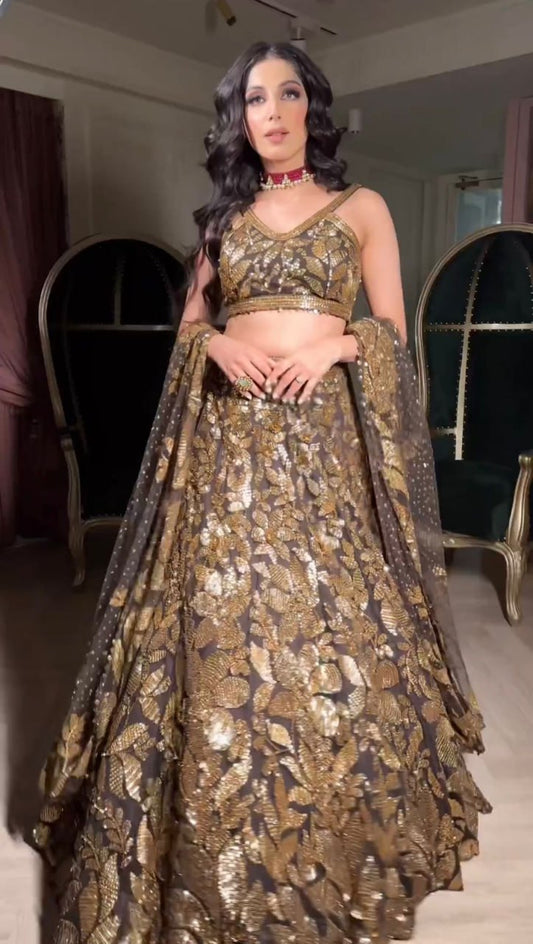 Coffee ColourWedding Wear Sequence Worked Lehanga With Cancan