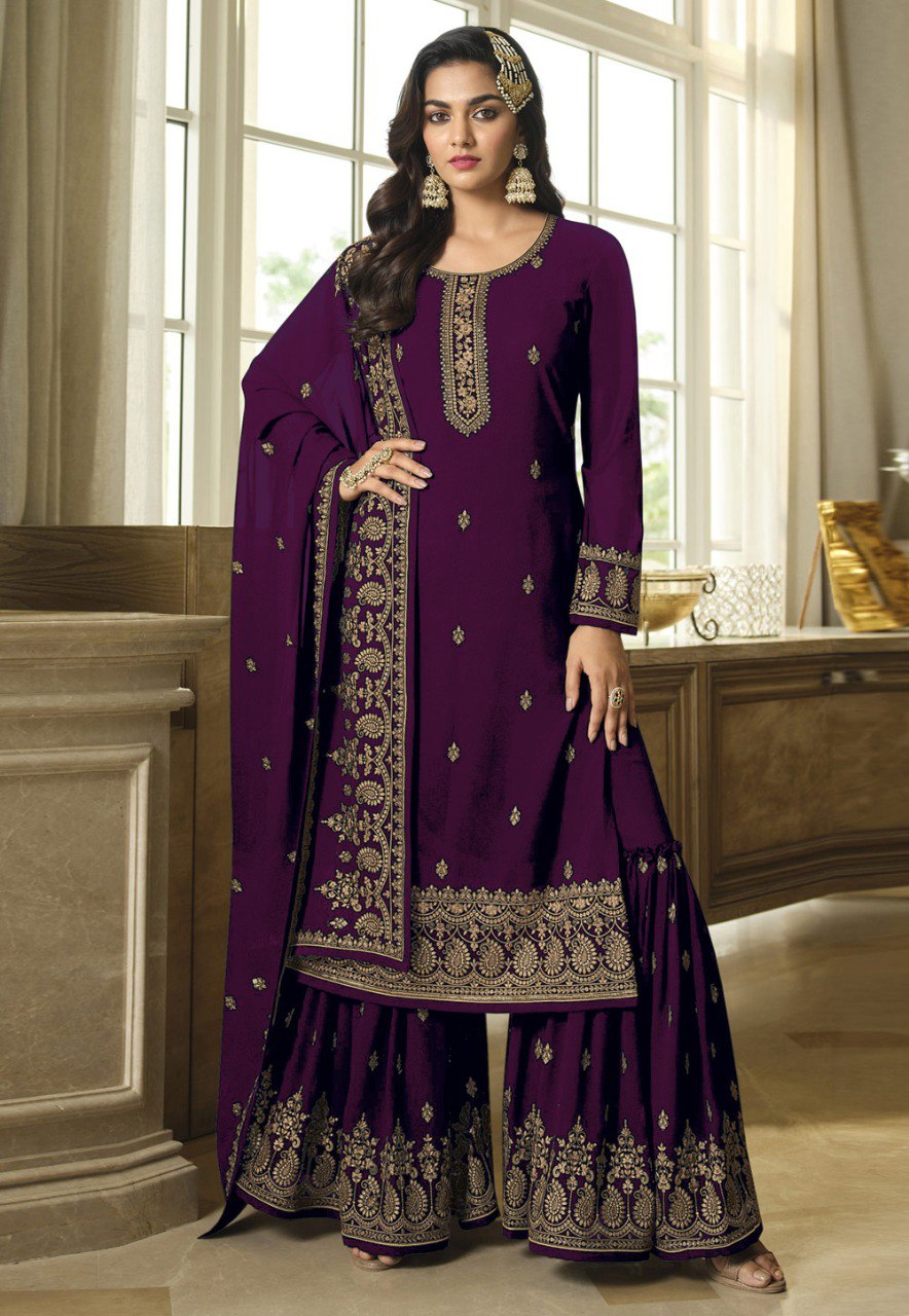 Georgette With Embroidery Work And Sequence Work Wedding Wear Sharara Suit