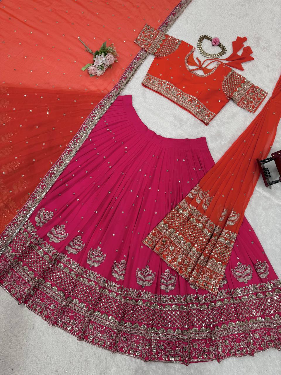 Graceful Pink And Orange Bridal Lehenga with Double Dupattas