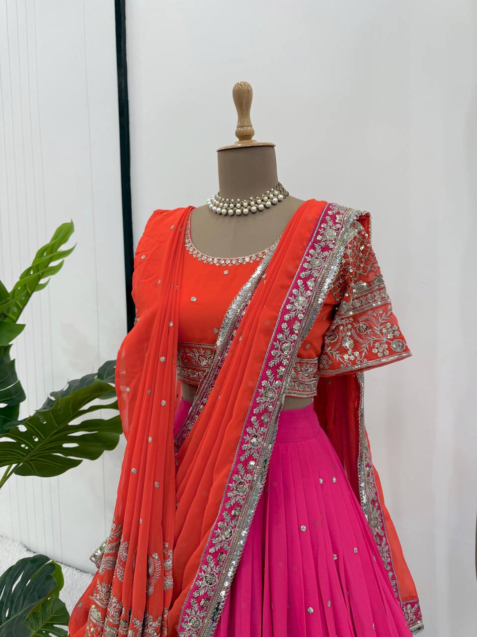 Graceful Pink And Orange Bridal Lehenga with Double Dupattas