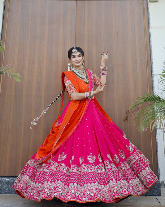 Graceful Pink And Orange Bridal Lehenga with Double Dupattas