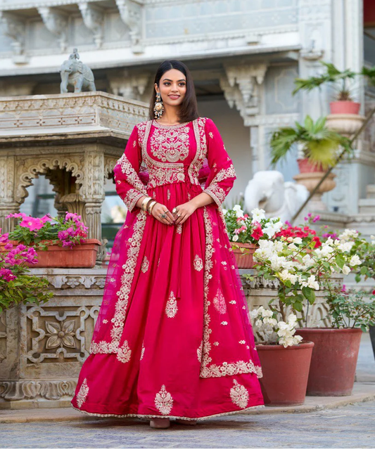 Pink Vichitra Silk Stitched Gown with Dupatta