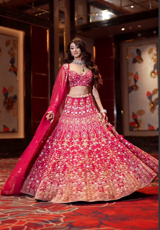 Rani Pink Color Satin Silk Embelish Lehenga Choli For Wedding Wear