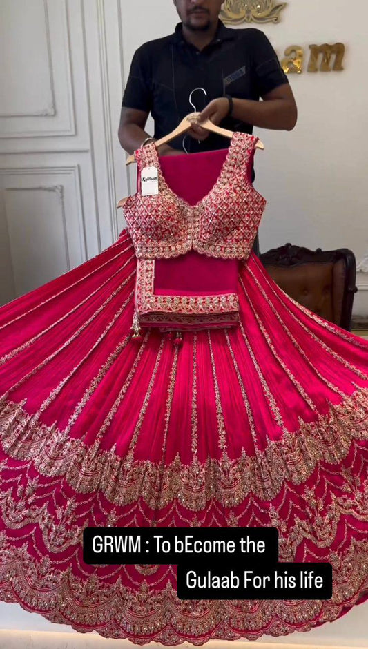 Wedding Wear Pink Color Satin Embroidered Zari Work Lehenga Choli For Ladies