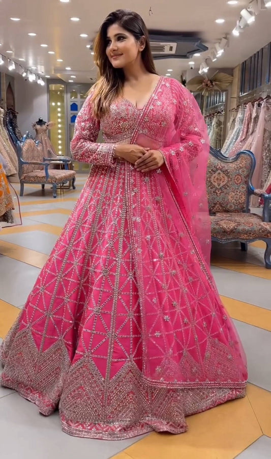 Women's Pink Color Chinon Silk Sequence Coding Work Lehenga Choli