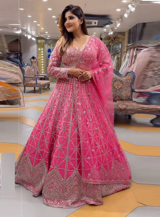 Women's Pink Color Chinon Silk Sequence Coding Work Lehenga Choli