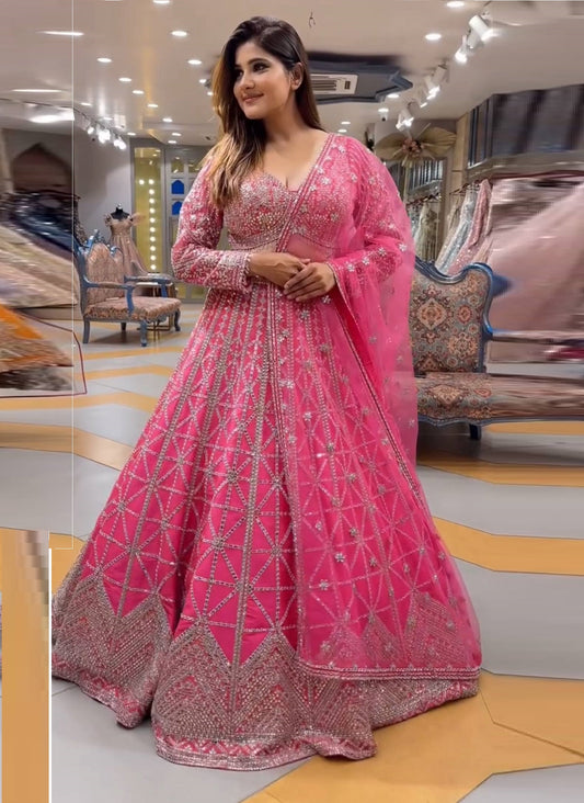 Attractive Pink Colour Silk Fabric Thread Work Long Flair Lehenga Choli