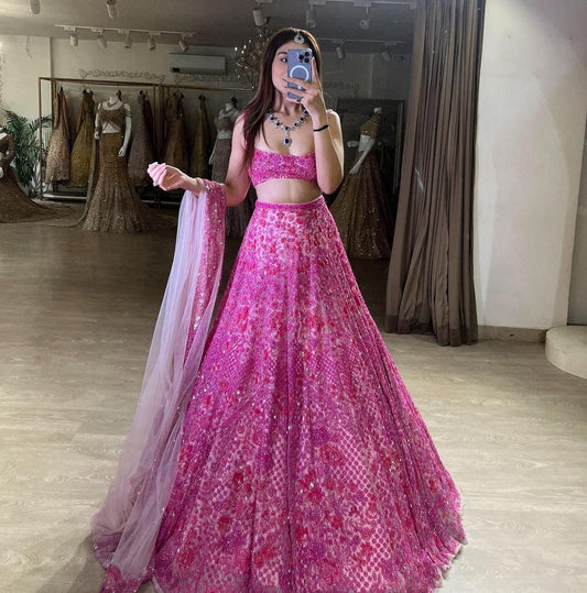 Wedding Wear Pink Soft Net Heavy Embroidered Lehenga Choli