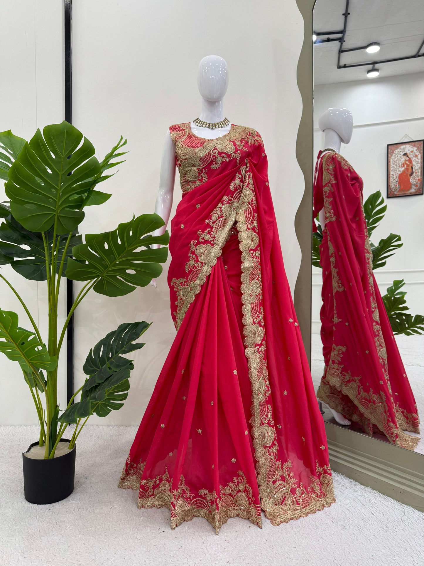 Graceful Pink Vichitra Silk Saree with Coding & Sequence Work