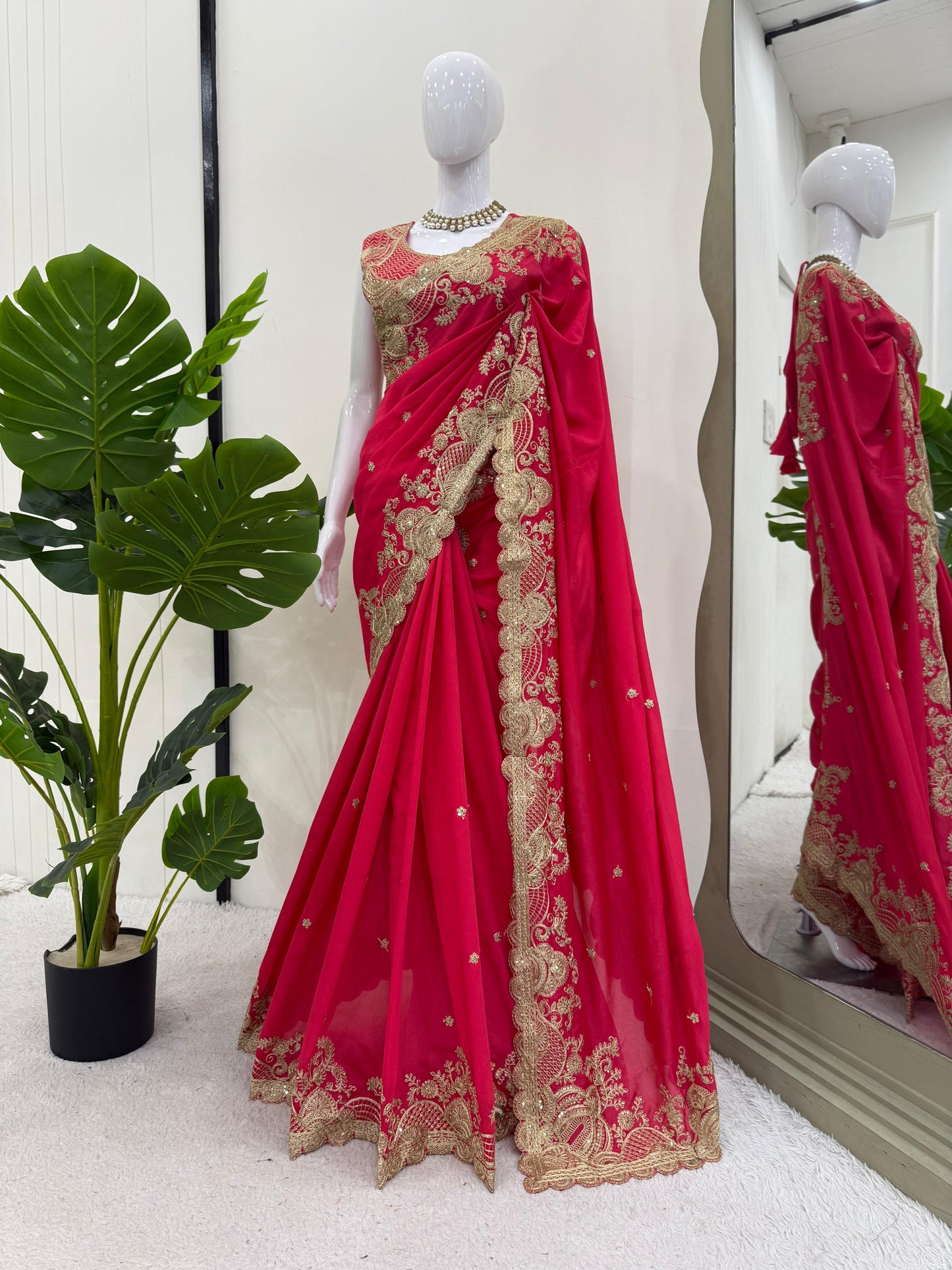 Graceful Pink Vichitra Silk Saree with Coding & Sequence Work