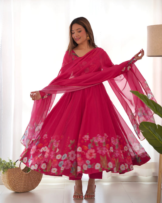 Pink Color Organza Silk Print Fully Stitched Frock Style Suit Set
