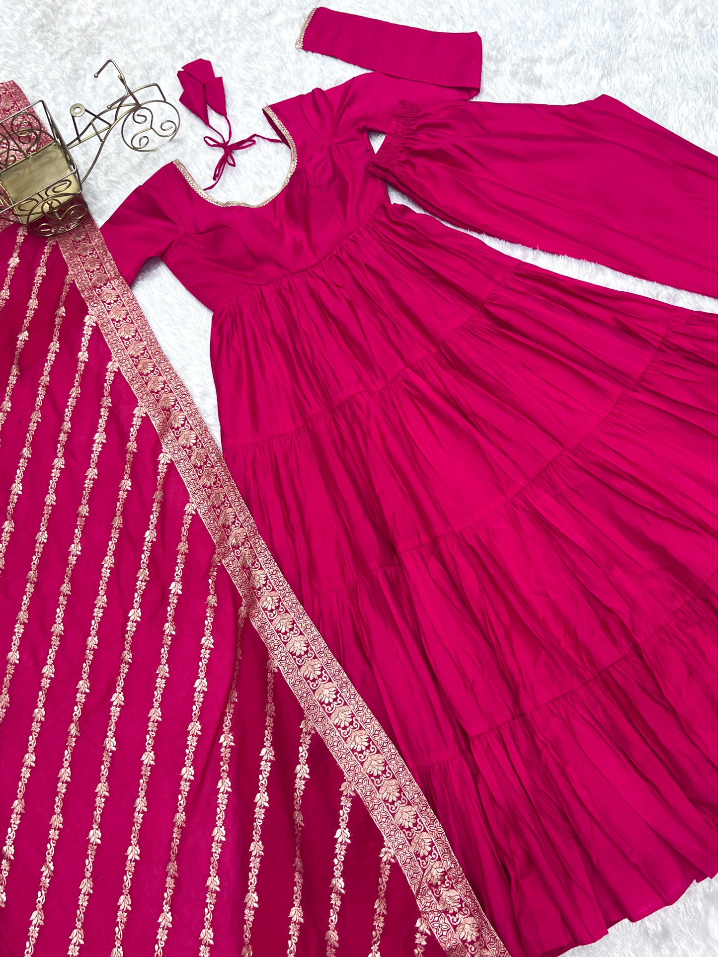 Pink Color Roman Silk Gown With Banarasi Dupatta