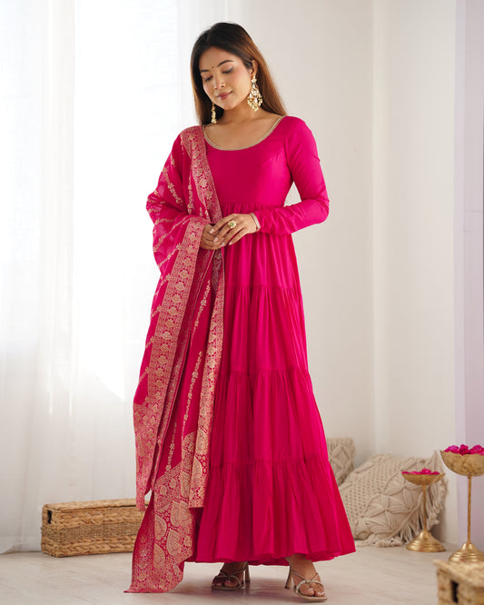 Pink Color Roman Silk Gown With Banarasi Dupatta